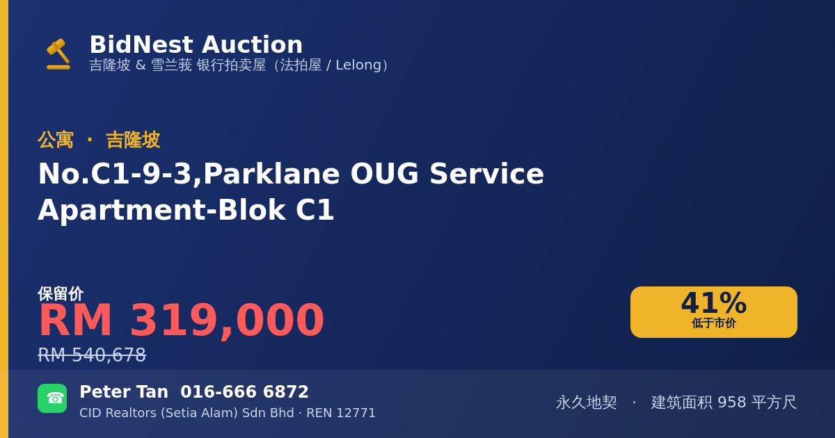 公寓 · No. C1-9-3, Parklane OUG Service Apartment-Blok C1