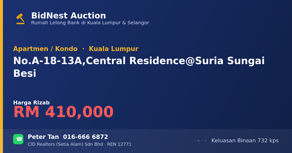 Apartmen / Kondo · No. A-18-13A, Central Residence @ Suria Sungai Besi