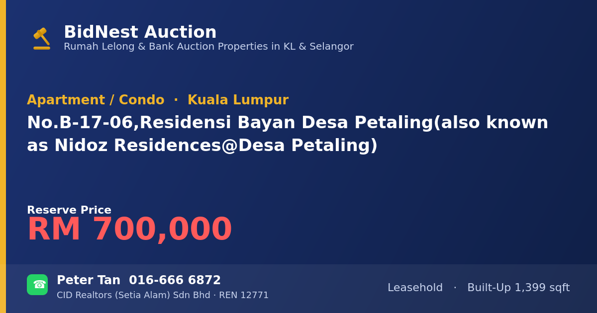 Apartment / Condo · No. B-17-06, Residensi Bayan Desa Petaling (also known as Nidoz Residences @ Desa Petaling)