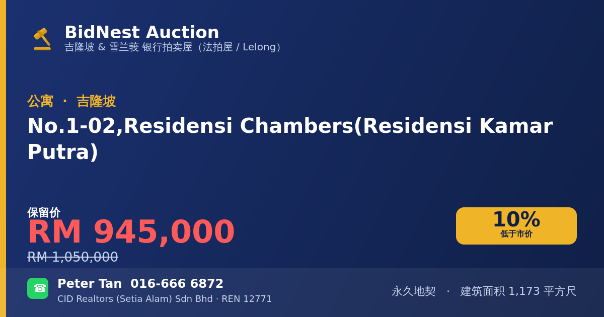 公寓 · No. 1-02, Residensi Chambers (Residensi Kamar Putra)