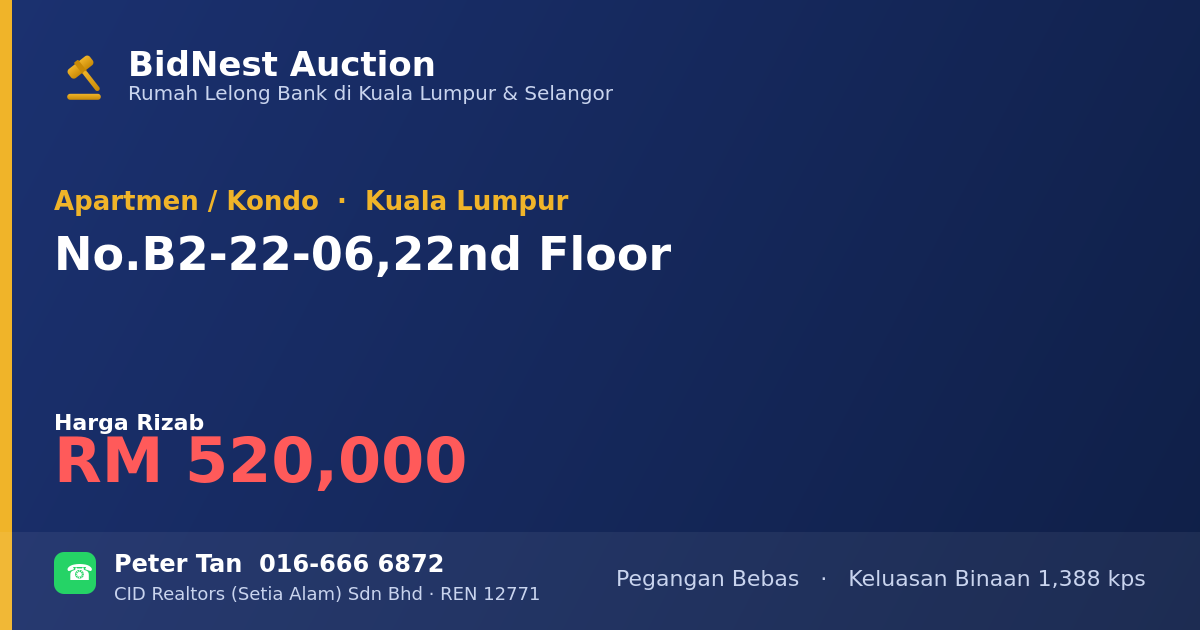 Apartmen / Kondo · No. B2-22-06, 22nd Floor