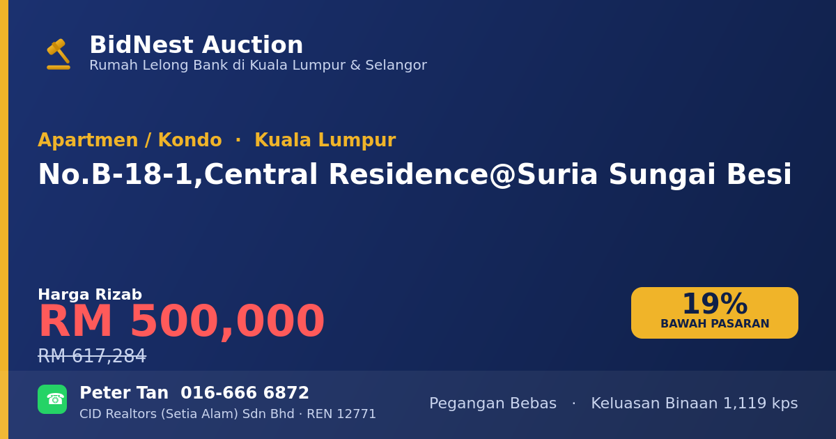 Apartmen / Kondo · No. B-18-1, Central Residence @ Suria Sungai Besi