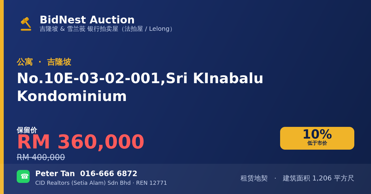 公寓 · No. 10E-03-02-001, Sri KInabalu Kondominium