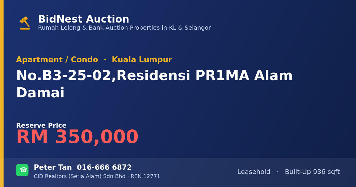 Apartment / Condo · No. B3-25-02, Residensi PR1MA Alam Damai
