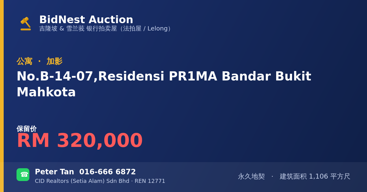 公寓 · No. B-14-07, Residensi PR1MA Bandar Bukit Mahkota