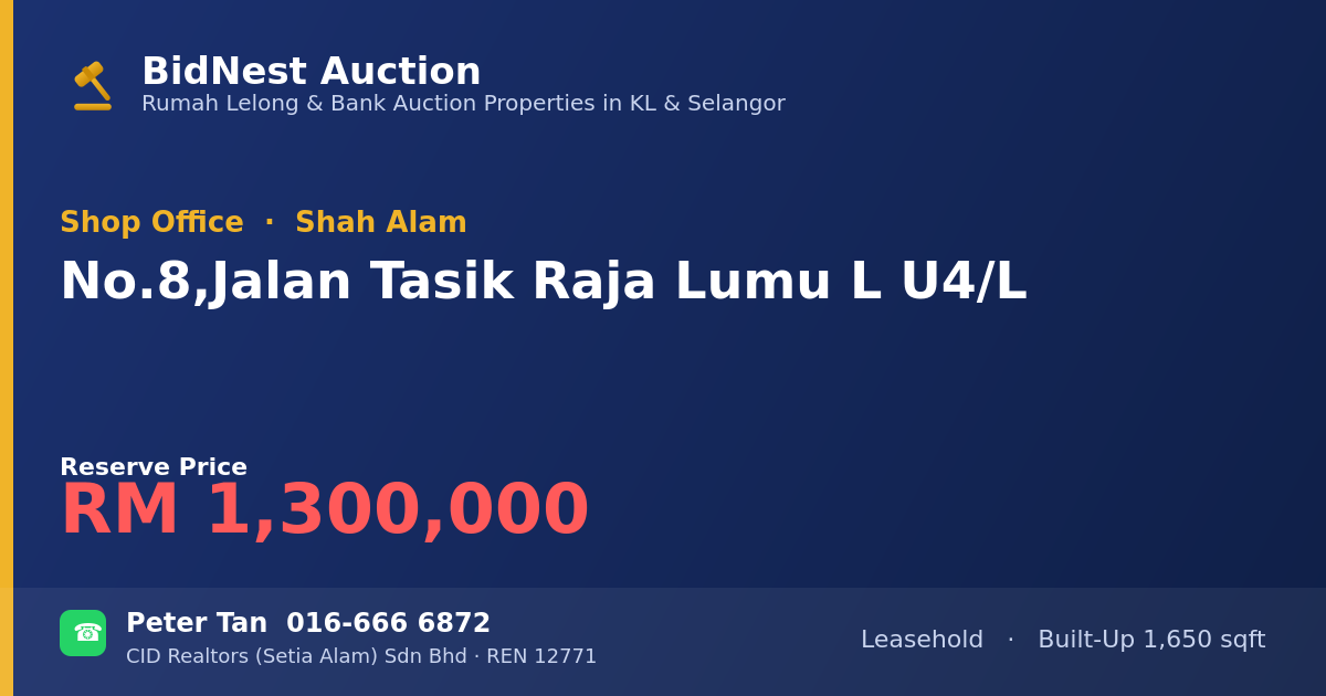 Shop Office · No. 8, Jalan Tasik Raja Lumu L U4/L