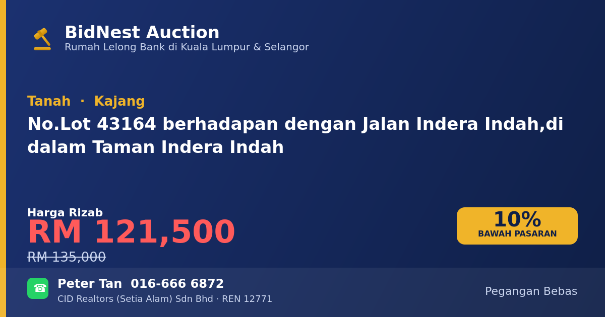 Tanah · No. Lot 43164 berhadapan dengan Jalan Indera Indah, di dalam Taman Indera Indah