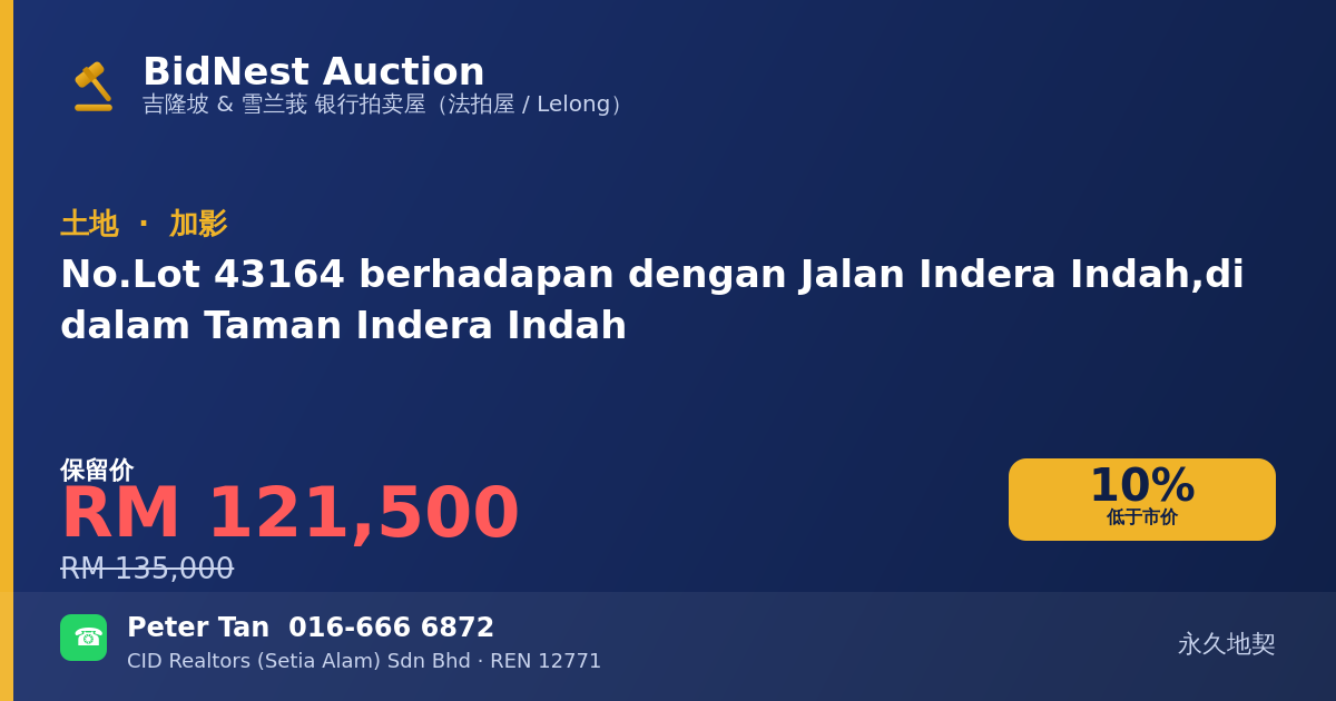土地 · No. Lot 43164 berhadapan dengan Jalan Indera Indah, di dalam Taman Indera Indah