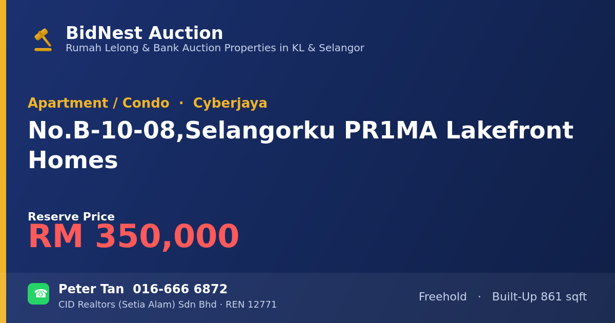 Apartment / Condo · No. B-10-08, Selangorku PR1MA Lakefront Homes