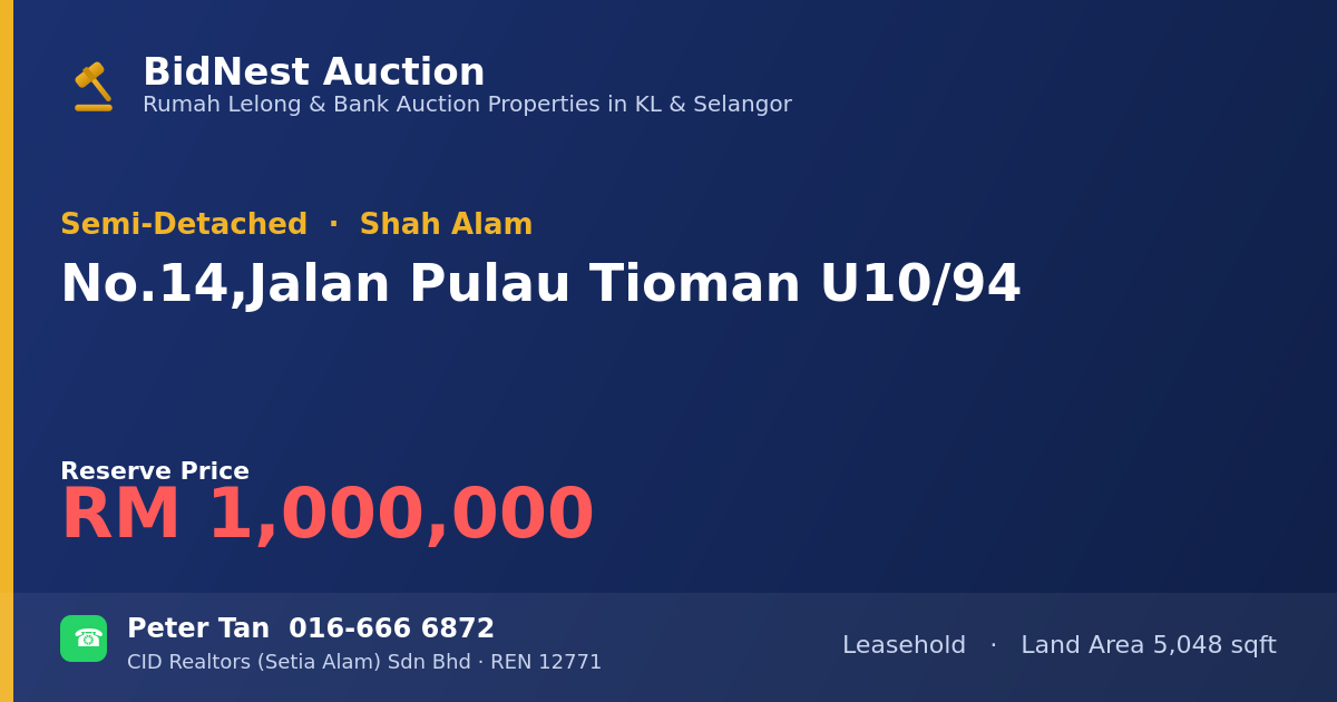 Semi-Detached · No. 14, Jalan Pulau Tioman U10/94
