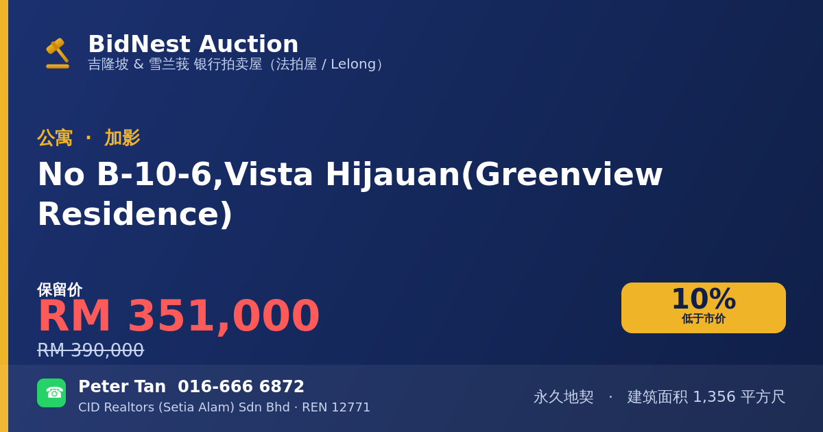 公寓 · No B-10-6, Vista Hijauan (Greenview Residence)