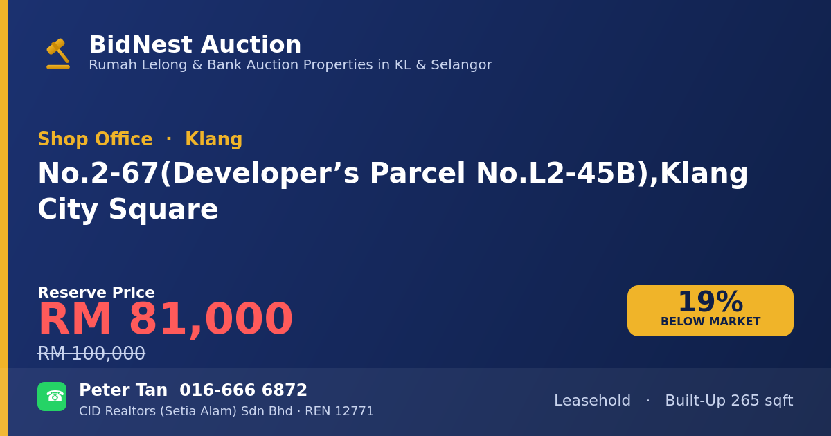 Shop Office · No. 2-67 (Developer’s Parcel No. L2-45B), Klang City Square