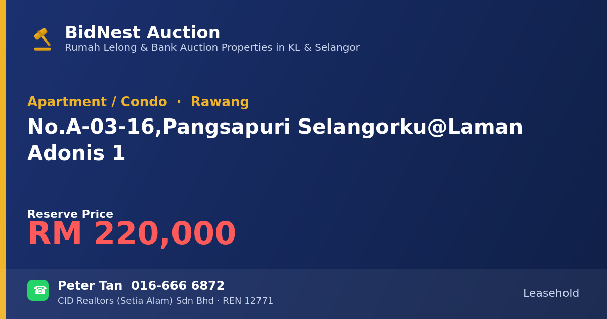 Apartment / Condo · No. A-03-16, Pangsapuri Selangorku @ Laman Adonis 1