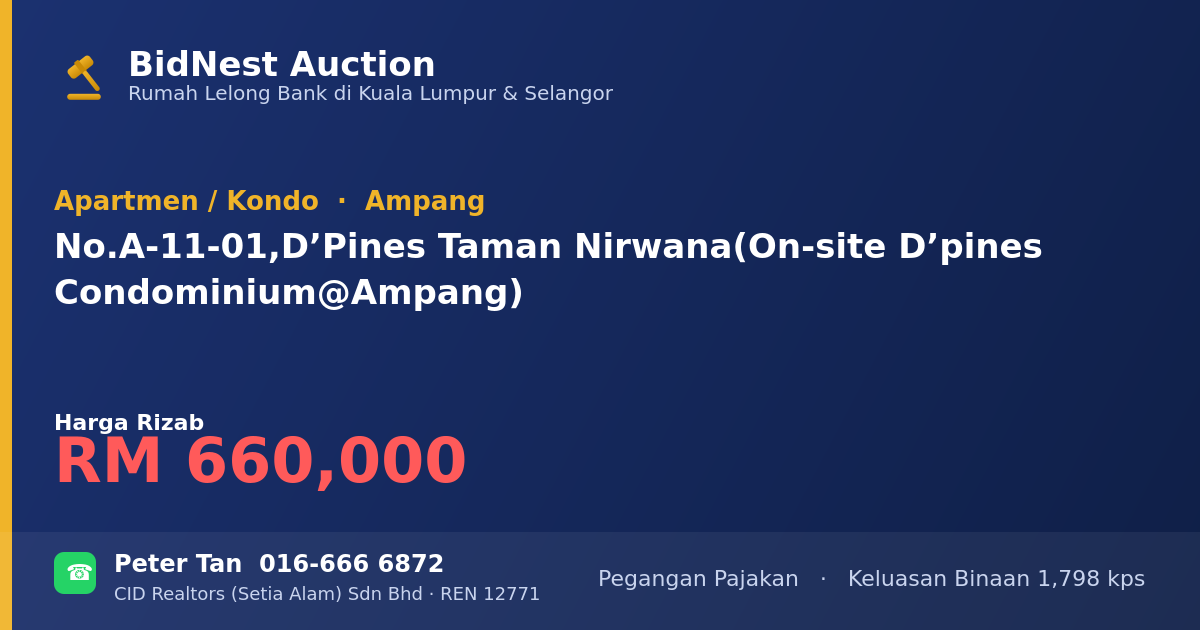 Apartmen / Kondo · No. A-11-01, D’Pines Taman Nirwana (On-site D’pines Condominium @ Ampang)