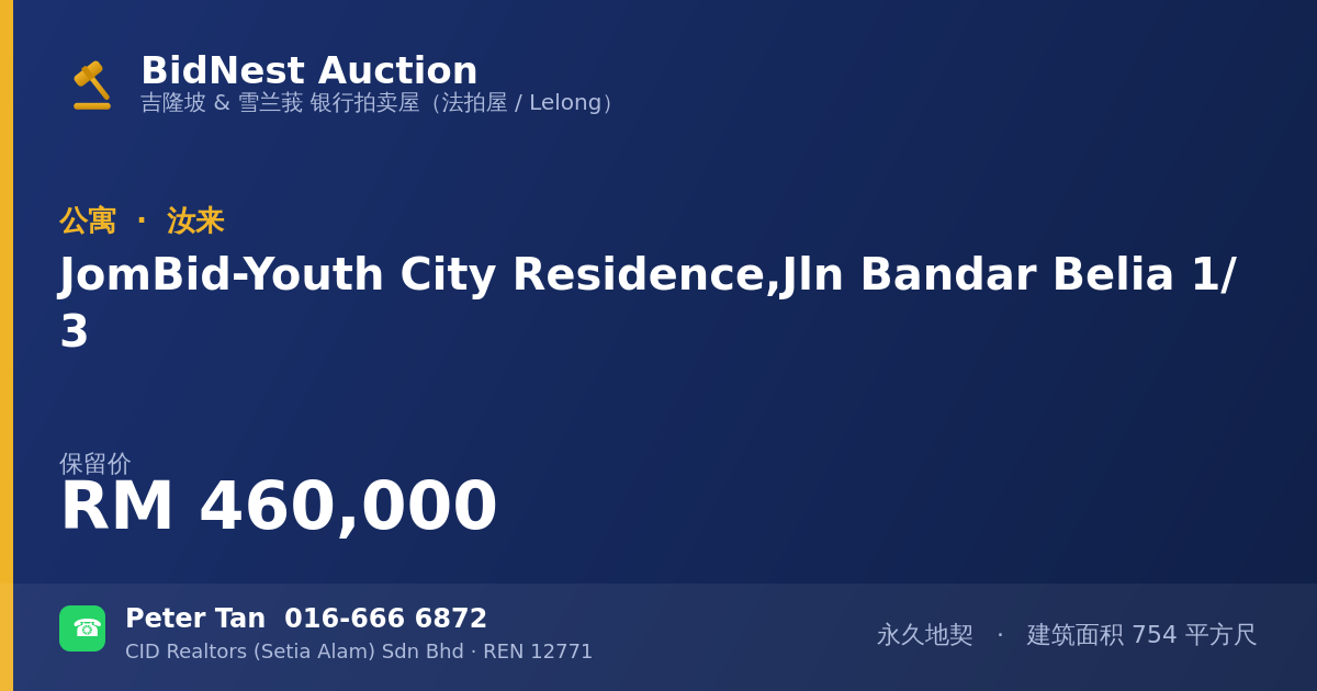 公寓 · JomBid - Youth City Residence, Jln Bandar Belia 1/3